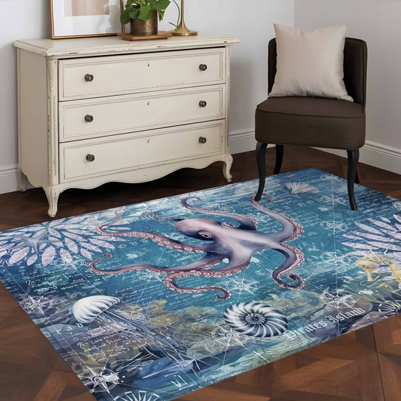 3'x5' Area Rugs, Purple Octopus Coastal Indoor Outdoor Area Rug for Living Room Bedroom, Summer Beach Seahorse Jellyfish Coral Washable Bathroom Rugs Kitchen Floor Carpet Mats Home Decor Aesthetic
