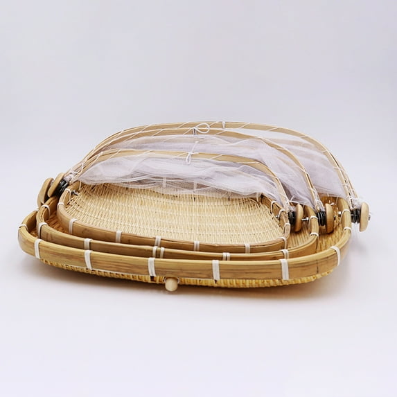 Papaba Food Tent,Bamboo Woven Picnic Food Serving Mesh Basket Anti-flies Fruit Tray Net Tent Cover