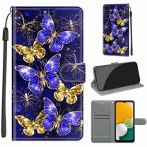 Compatible with Samsung Galaxy A54 5G Wallet Case for Men Women, Premium PU Leather Flip Cover with Card Holder, Wrist Strap, Kickstand Shockproof Magnetic Clasp Case, Golden Blue Butterfly