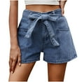 thumbnail image 2 of up to 60% off Gifts wycnly Denim Shorts for Women Casual Solid Stretchy Loose Straight Short Jean Pants Summer High Waist Pocket Zipper Denim Shorts with Belt Blue s, 2 of 7