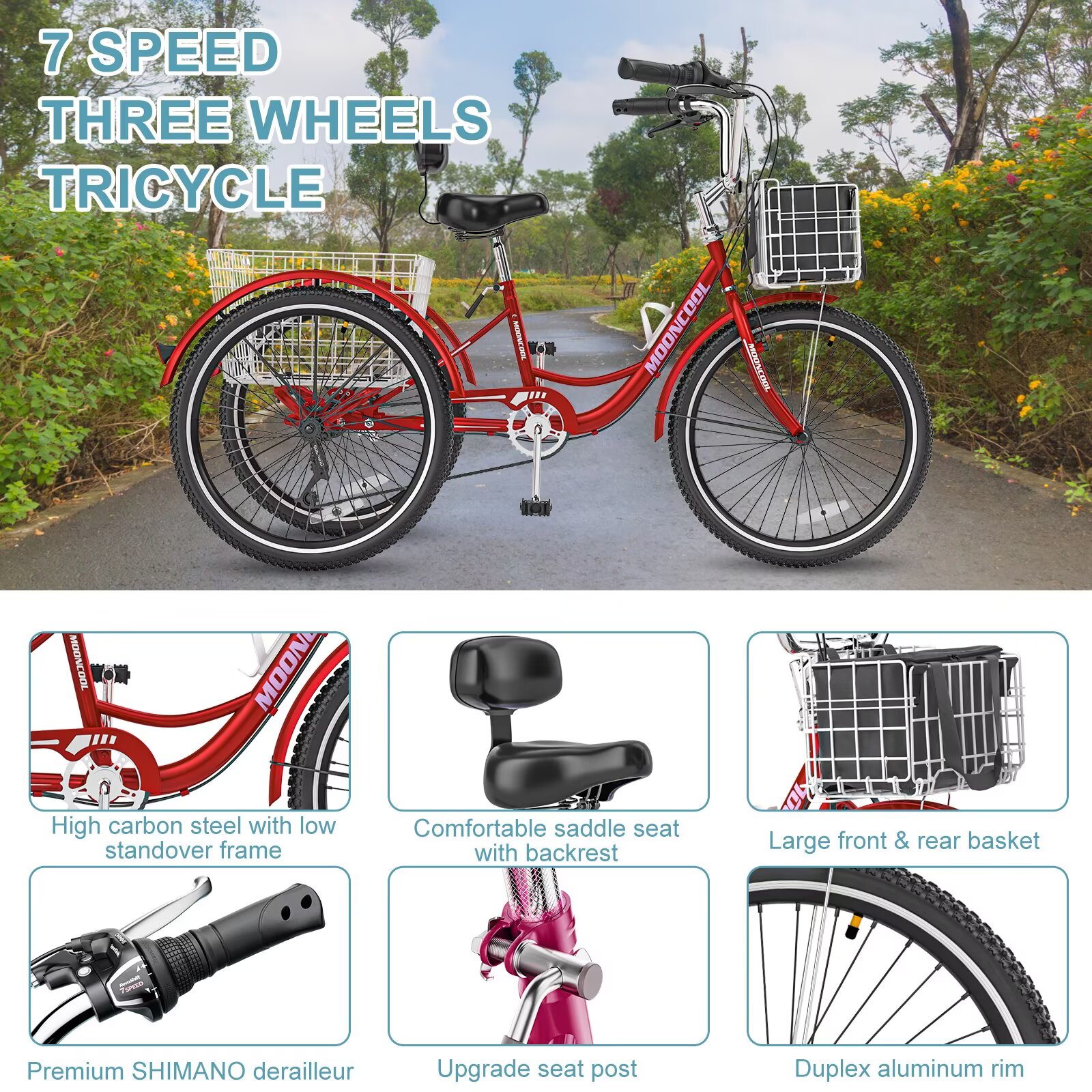 Lilypelle Adult Tricycles 7 Speed 24Inch Three Wheel Bike Cruiser Trike with Low-Step Through Frame/Large Front & Rear Basket for Men, Women, Seniors