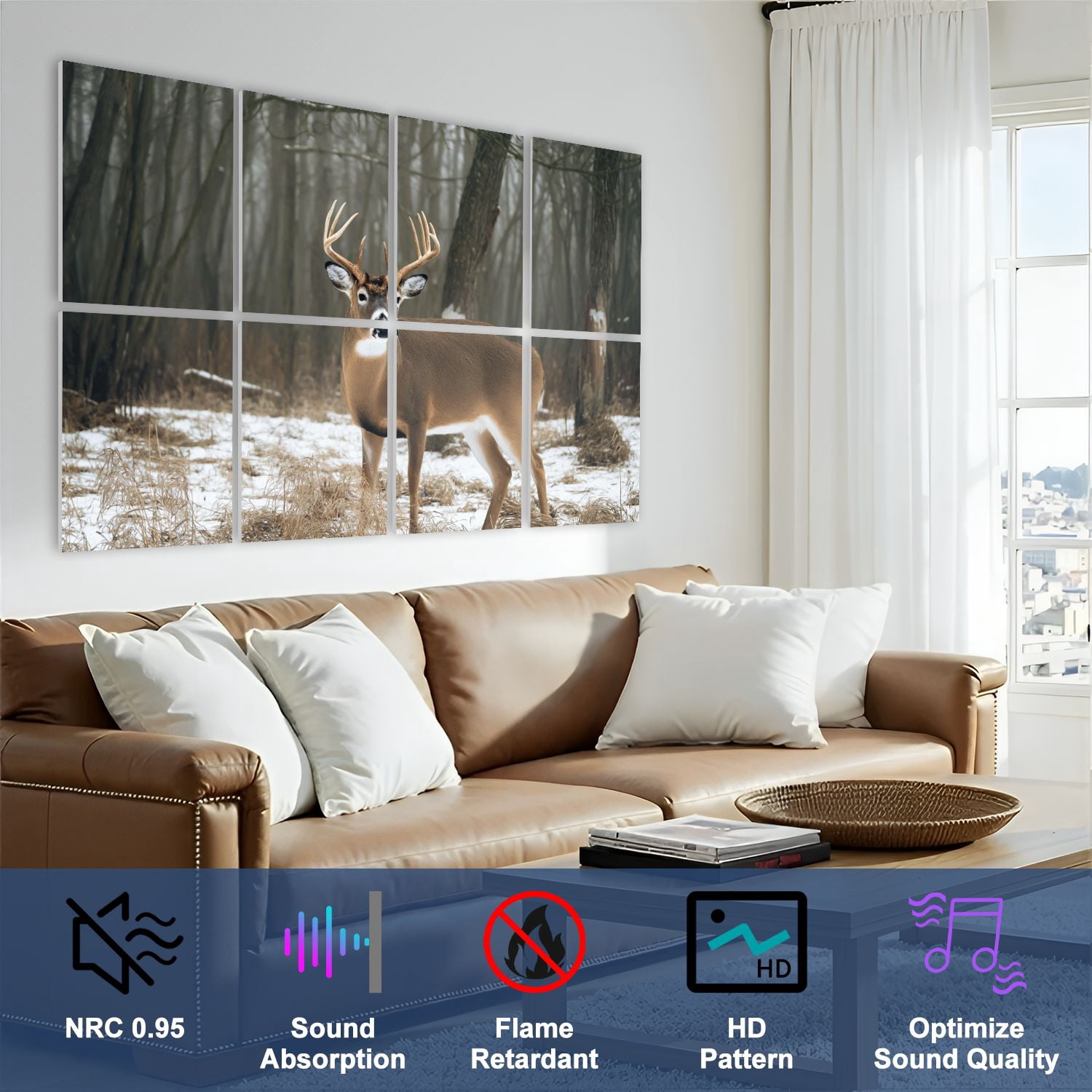 8 Pack Art Acoustic Panels Sound Absorbing whitetail deer buck standing snow Decorative Soundproof Wall Panels Self Adhesive for Nursery Game Room Bedroom 48"x32"