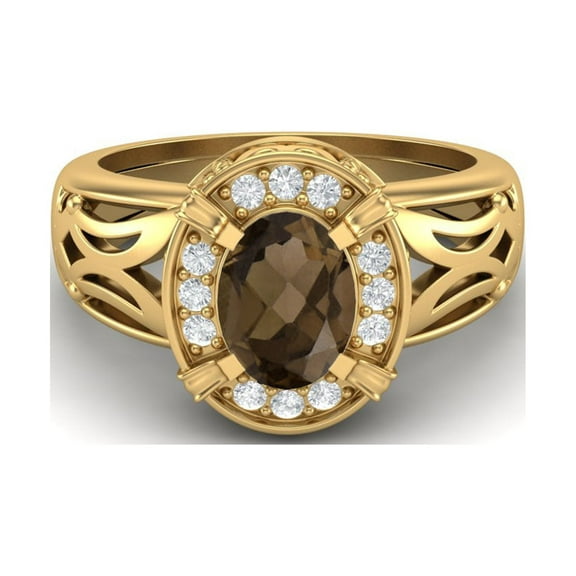 8x6mm Oval Smoky Quartz 925 Sterling Silver Gold Vermeil Filigree Celtic Women Valentines Day Gifts Ring