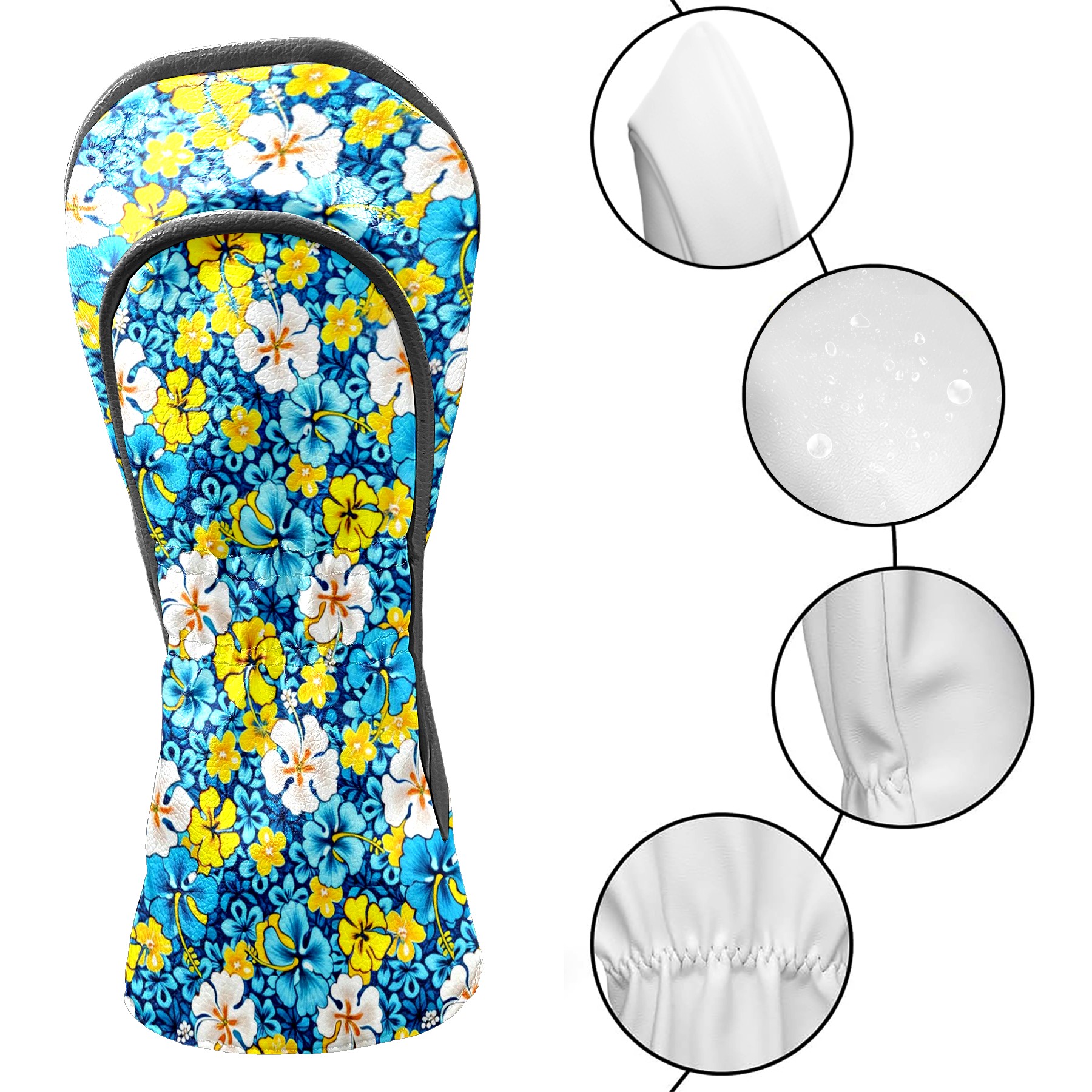 Golf Club Covers, Blue Flowers Premium PU Leather Driver Hybrid Putter Head Covers with Velvet Lining, Waterproof Golf Gifts for Men Women