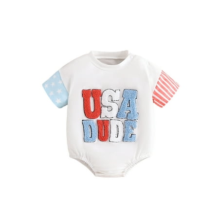 

ESASSALY Baby 4th of July Romper Short Sleeve Snap Shoulder Embroidery Bodysuit