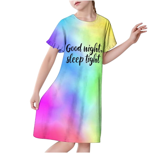 RXIRUCGD 2025 Vêtements d'Été pour Enfants 3-12 Ans Mode Imprimée Pyjama Rêveur Mi-Mollet Chemise de Nuit