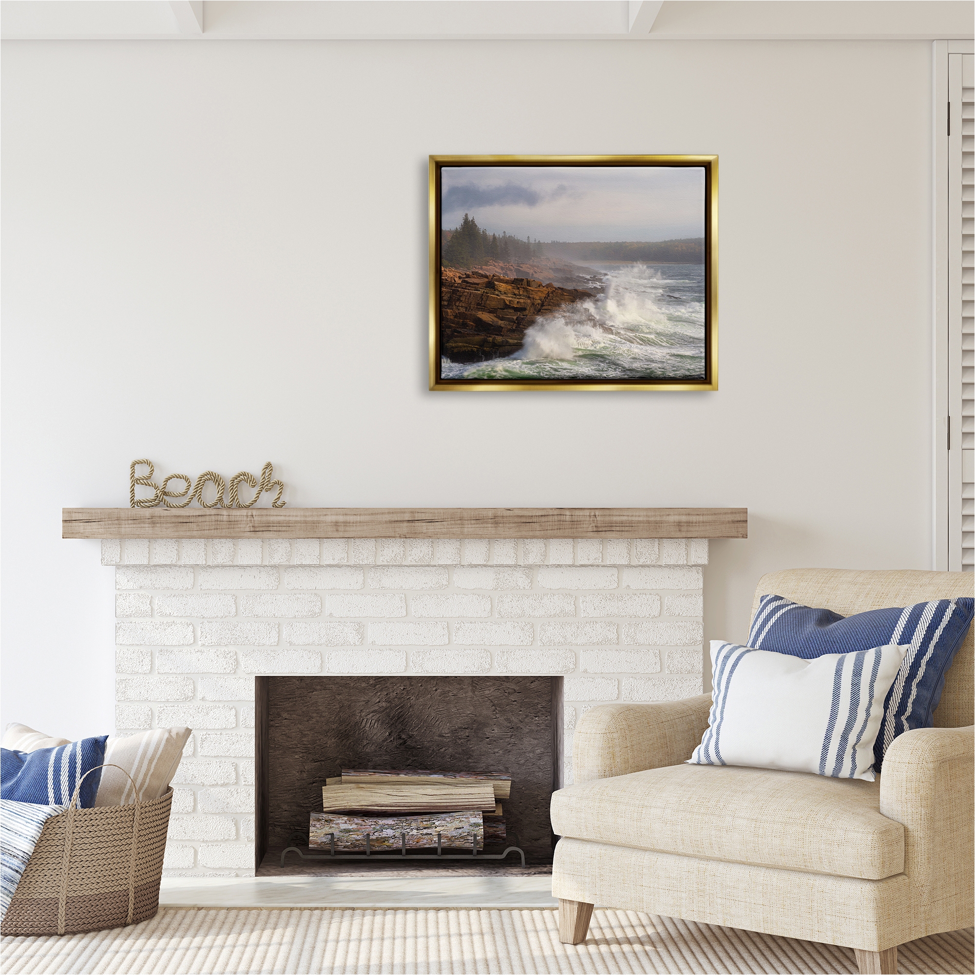 Stupell Industries Rough Waves on Cliff Landscape Photography Gold Floater Framed Canvas Art Print Wall Art, 31 x 25