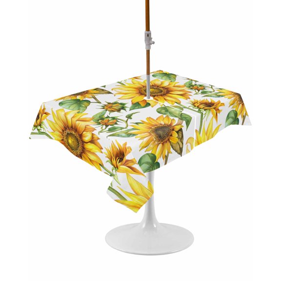 Outdoor Table Cloth with Umbrella Hole and Zipper, Sunflower Waterproof Rectangle Tablecloth 54"x80", Yellow Green Botanical Summer Rustic Washable Table Cover for Outside Party Patio Picnic