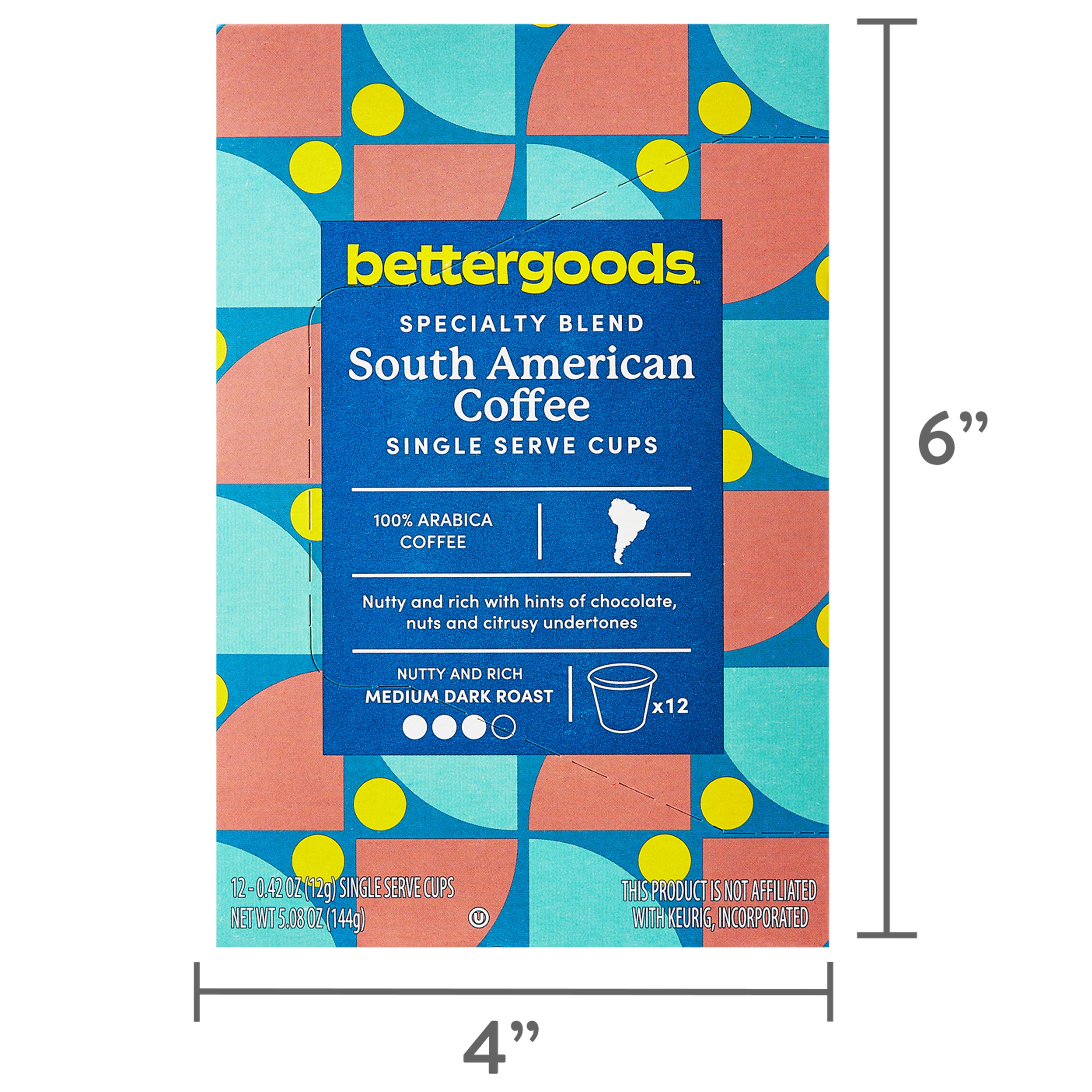 (3 pack) bettergoods Specialty Blend South American Coffee, Medium Dark Roast, Single Serve Cups, 0.42 oz, 12 Count