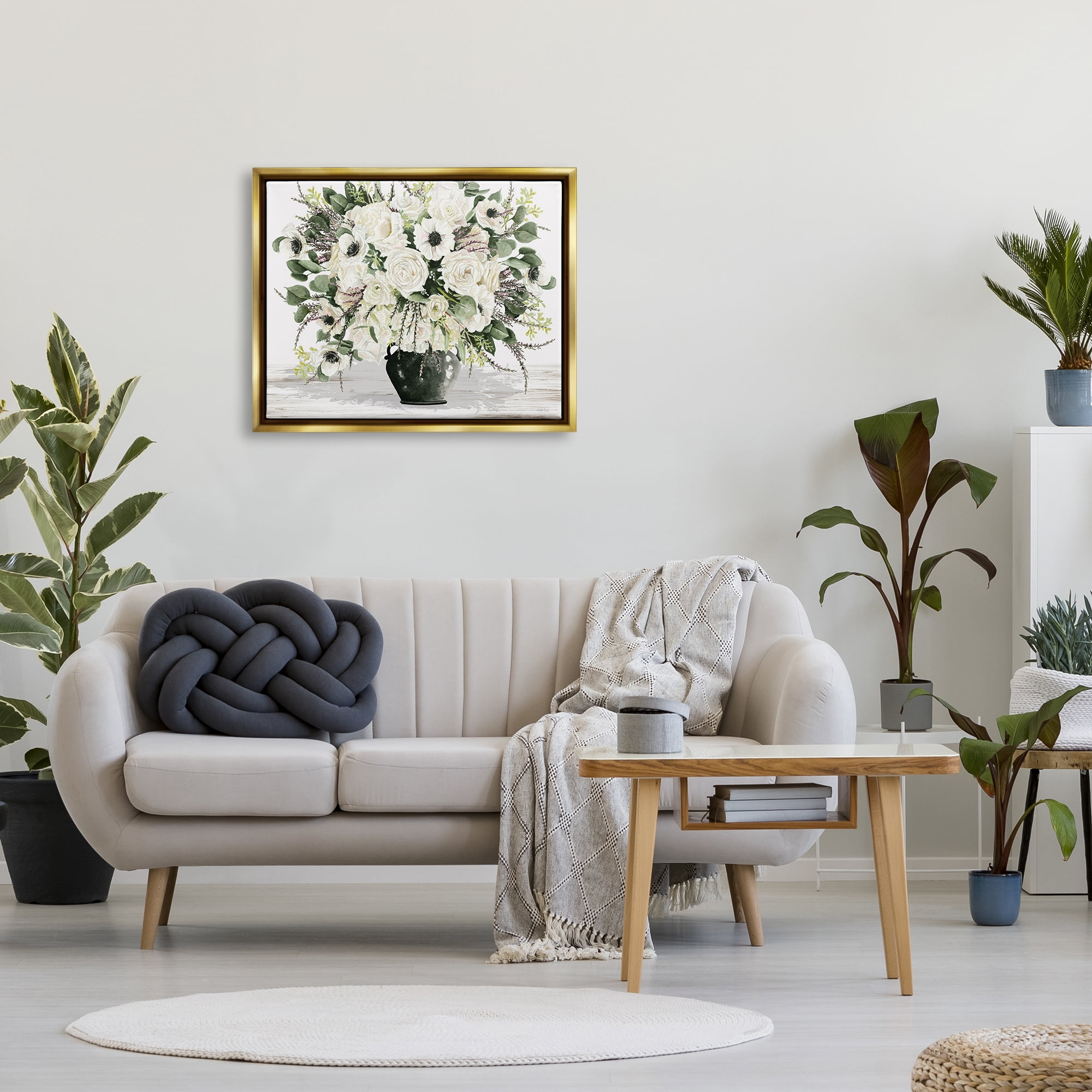 Stupell Industries White Blooming Blossoms Botanical & Floral Painting Gold Floater Framed Canvas Art Print Wall Art, 31 x 25