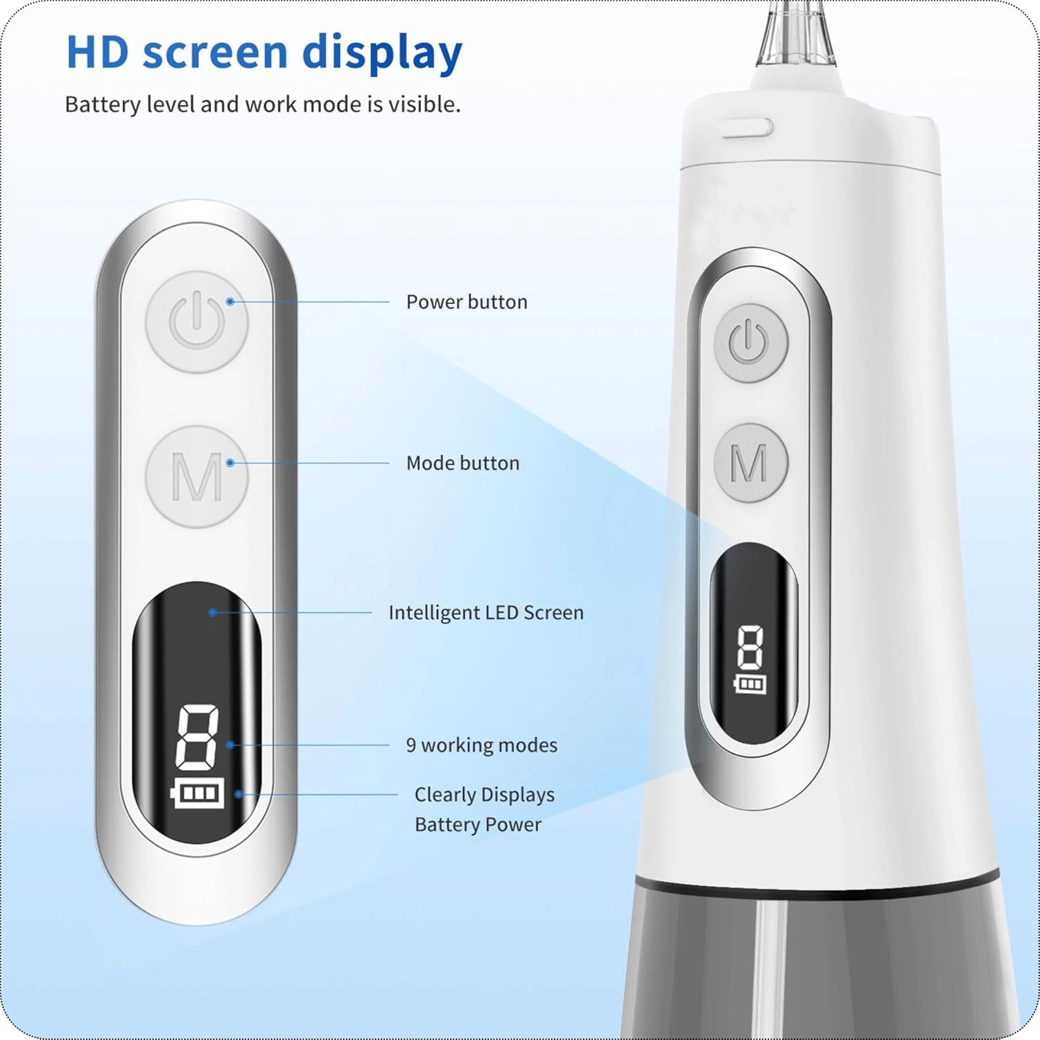 Cordless Water Dental Flosser, 9 Modes with LED Screen, 300ml Portable Oral Irrigator, Rechargeable IPX7 Waterproof Teeth Cleaner for Home and Travel, White