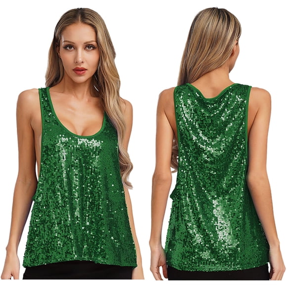 Hansber Débardeurs à Paillettes Brillantes pour Femmes Débardeurs Amples Sans Manches Col Rond Chemises de Danse Disco Boîte de Nuit Fête Vert TTG