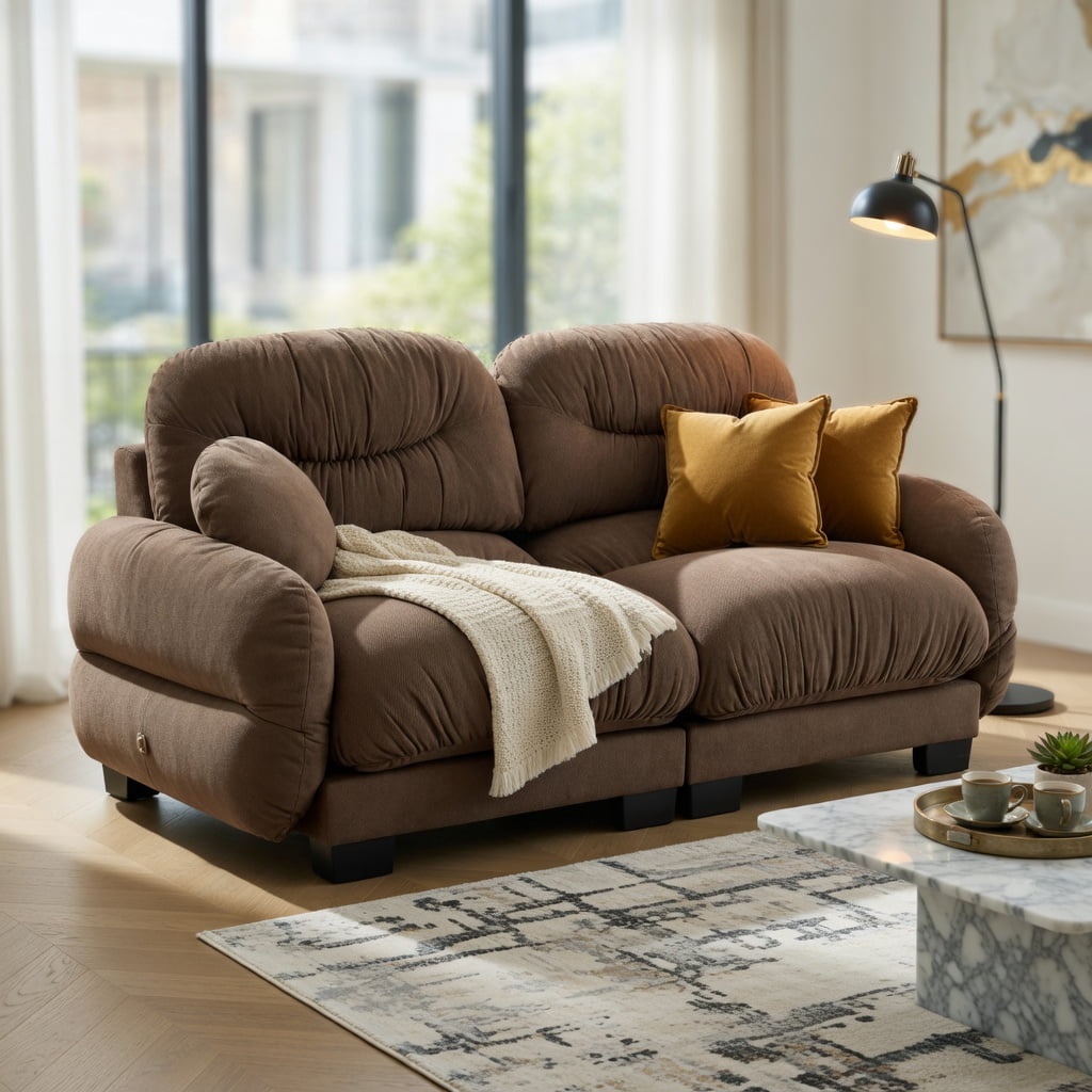 Hommoo 2-Seater Modular Chenille Sofa, Pleated Back Design, Ergonomic High-Density Foam, Curved Armrests & 2 Throw Pillows, Brown