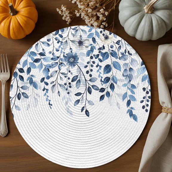 Blue Floral Round Braided Placemats Set of 8, Thanksgiving Fall Heat Insulation Place Mats Washable Non-Slip Table Mats for Kitchen Dining Party, 15 Inches