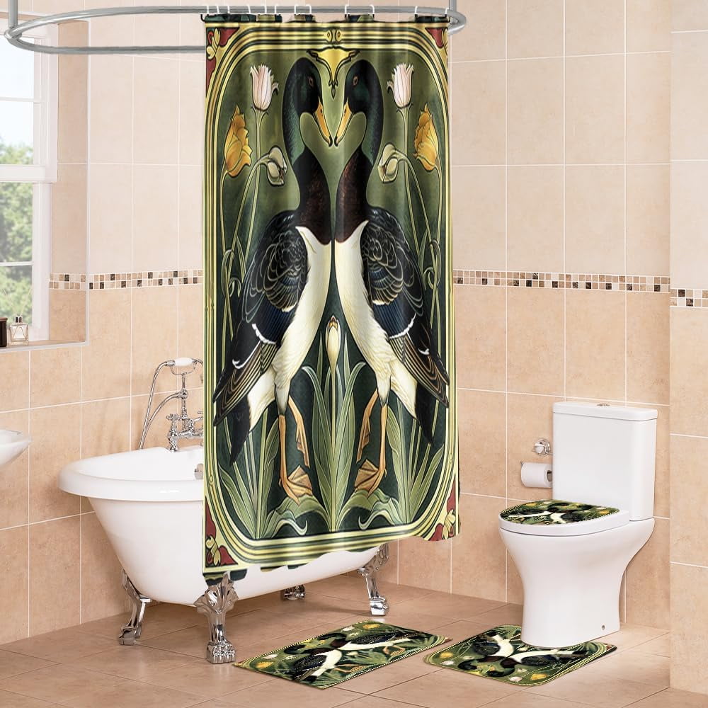 4PCS Vintage Bigfoot Sasquatch Shower Curtain Sets,Funny Animal Bathroom Sets with Non-Slip Rugs,Toilet Lid Cover,Bath Mat,Shower Curtain with 12 Hooks Farmhouse Bathroom Sets Decor