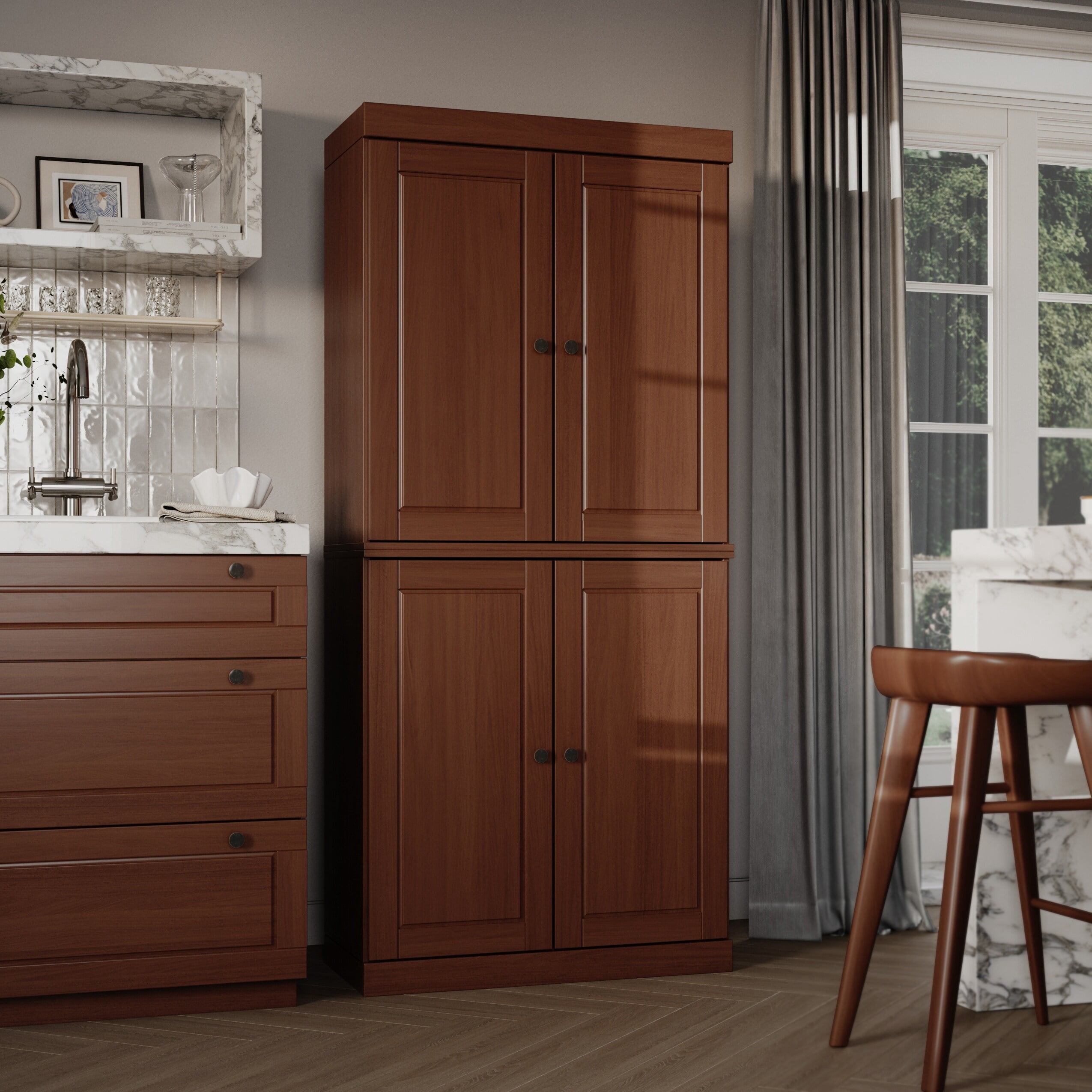 Palace Imports 100% Solid Wood Kitchen Pantry Storage Cabinet with Solid Doors and Adjustable Shelves, Mocha