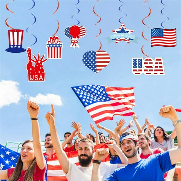Kit de decoración para fiesta del Día de la Independencia con 8 colgantes, 8 tarjetas, 12 banderas y 2 cuerdas para el 4 de julio, fiesta temática patriótica, celebración escolar y decoración al