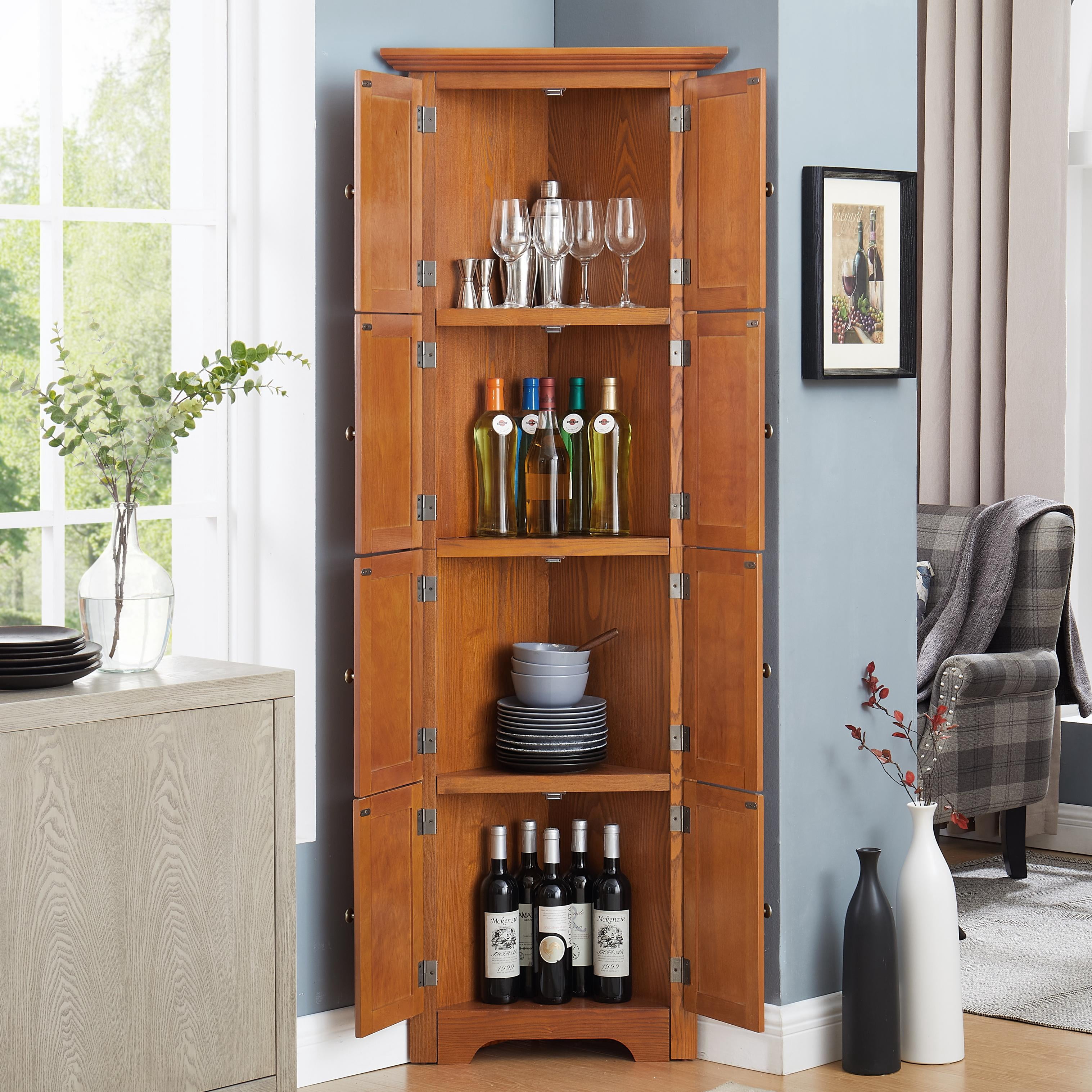 HSUNNS 4-Tier 72" Tall Corner Kitchen Pantry Storage Cabinet with 8 Doors, Freestanding Cupboard Storage Cabinet with Shelves, Home farmhouse bookshelf Cabinet for Kitchen, Bathroom, Living room, Oak