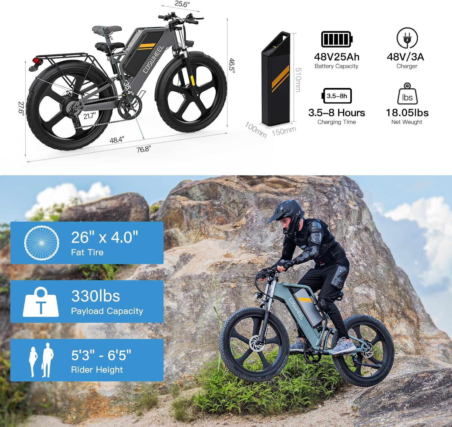 48V/25Ah Removable Battery COSWHEEL T26 Electric Bike for Adults,Electric bicycles 1500W Motor UP to 31MPH & 87 Miles, Off Road Electric Dirt Bike with 7-Speed, 26" x 4.0 Fat Tire Full Suspension