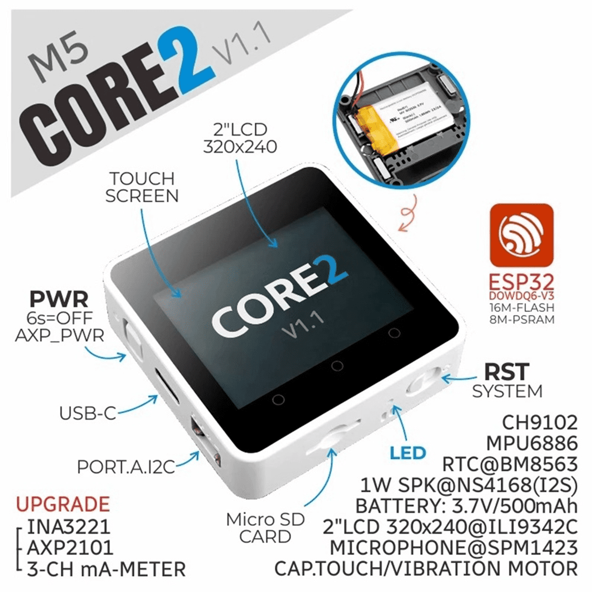 Core2 V1.1 ESP32 Touch Screen Development Kit WiFi Bluetooth Graphical Programming Control,1 x Core2 V1.1,Black & White
