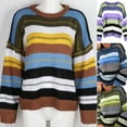 thumbnail image 6 of Women Long Sleeve Knit Loose Sweater O-Neck Contrast Colored Striped Jumper Top, 6 of 14