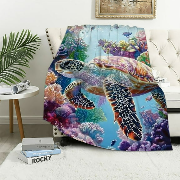 Patifu Sea Turtle Kids Throw Blanket,Watercolor Undersea World Bed Blanket for Boys Girls,Coral Seaweed Marine Creature Blanket,Blue Purple Fuzzy Blanket 40x50in
