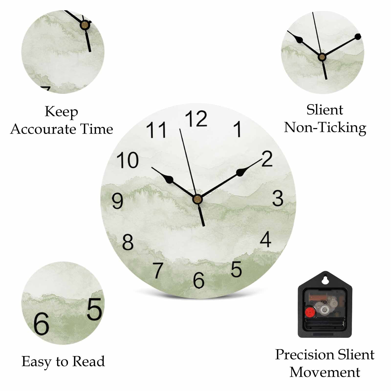 Wall Clock Sage Green Mountain Clocks PVC Silent Non-Ticking Battery Operated Decorative Ombre Abstract Natural Round Clock for Home Living Room Kitchen Bedroom Office School Wall Decor 10 Inch