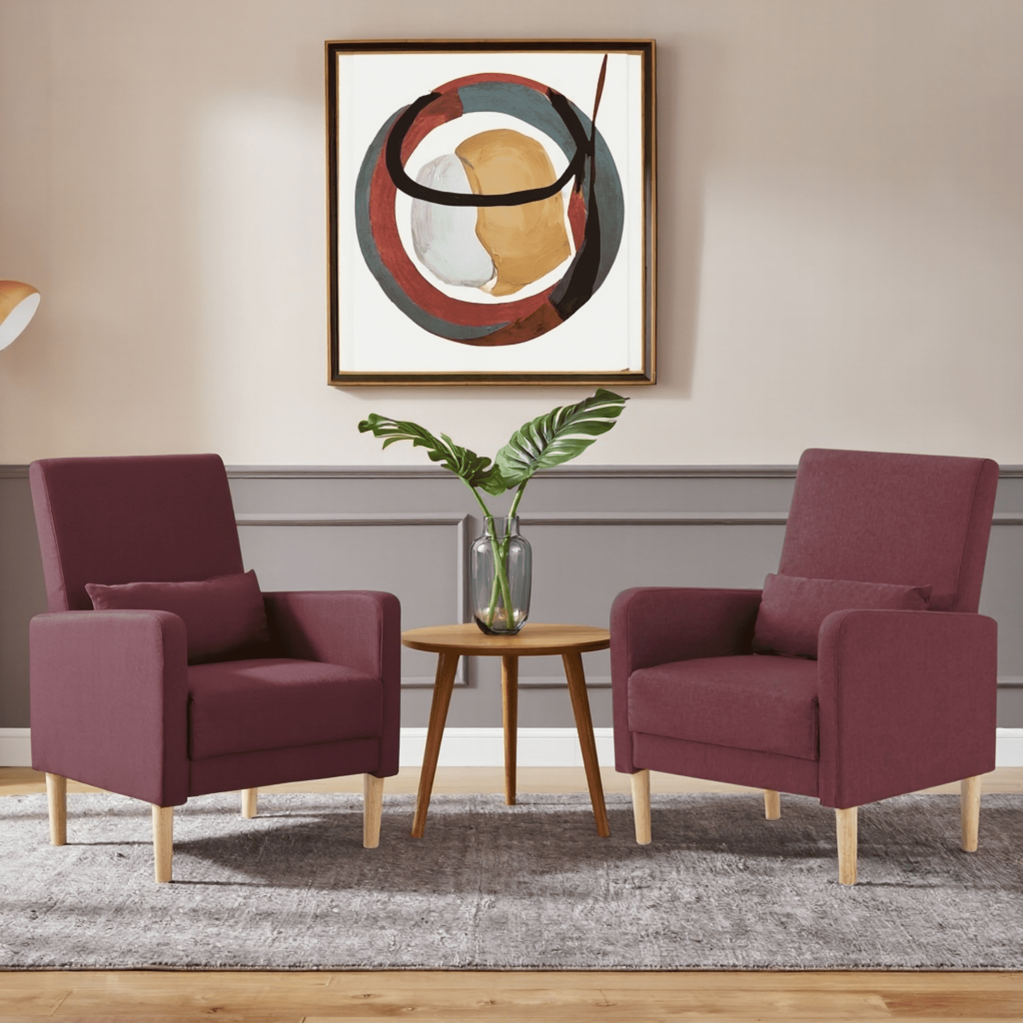 BSHTI Set of 2 Mid-Century Linen Upholstered Accent Chairs with Backrests, Armrests, Solid Wood Legs for Reading Nook, Apartment（Red）