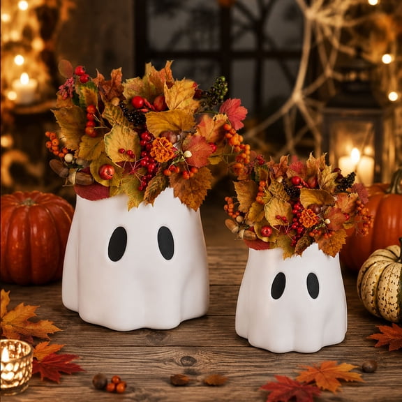 Ghost Bucket Decorative Vase and Display Container, Decorative Seasonal Accent, Versatile Display, for Table, Mantel, Shelf, Entryway, Living Room and Halloween Party Decor