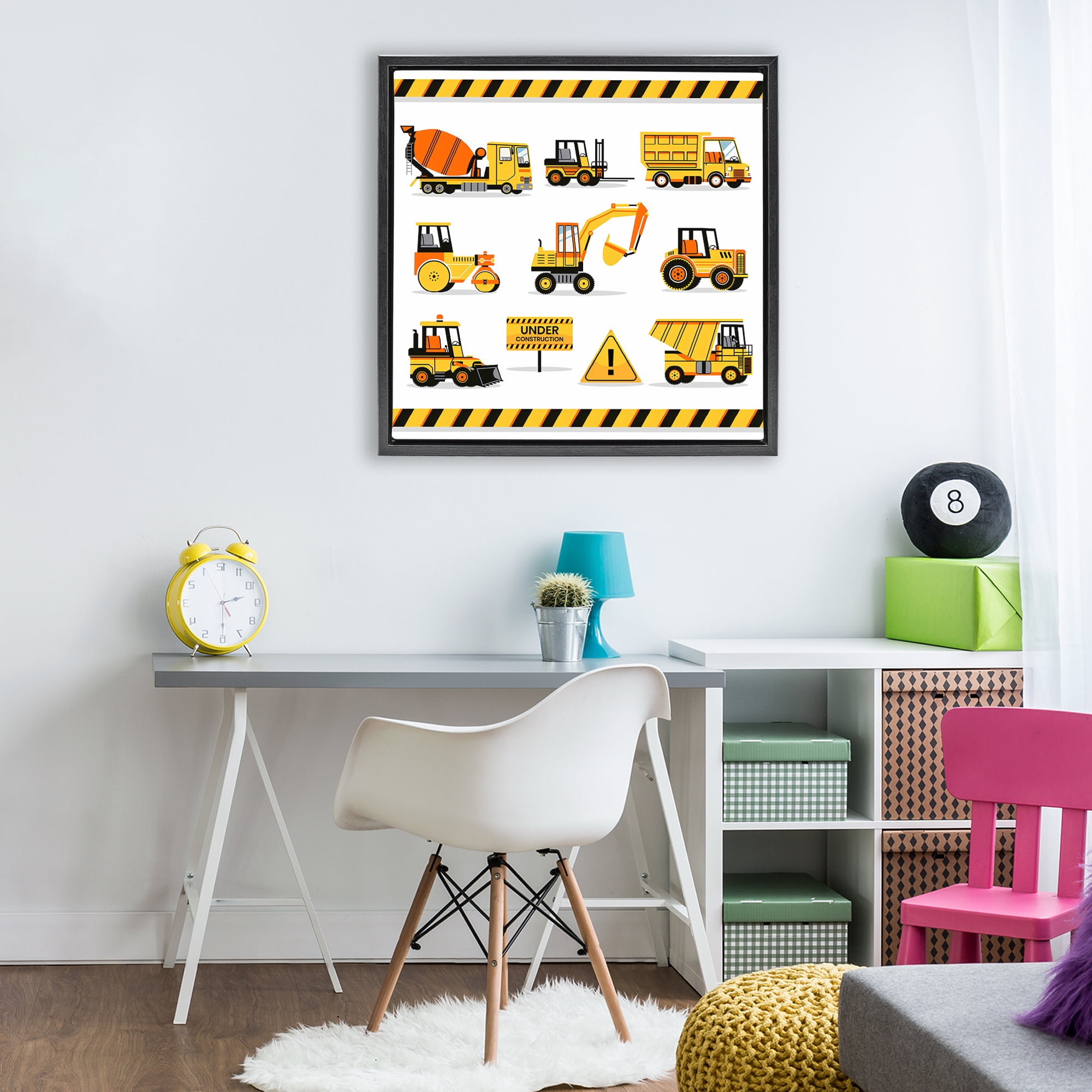 Stupell Industries Construction Vehicles with Warning Black Framed Floater Canvas Wall Art, design by Creative Studio