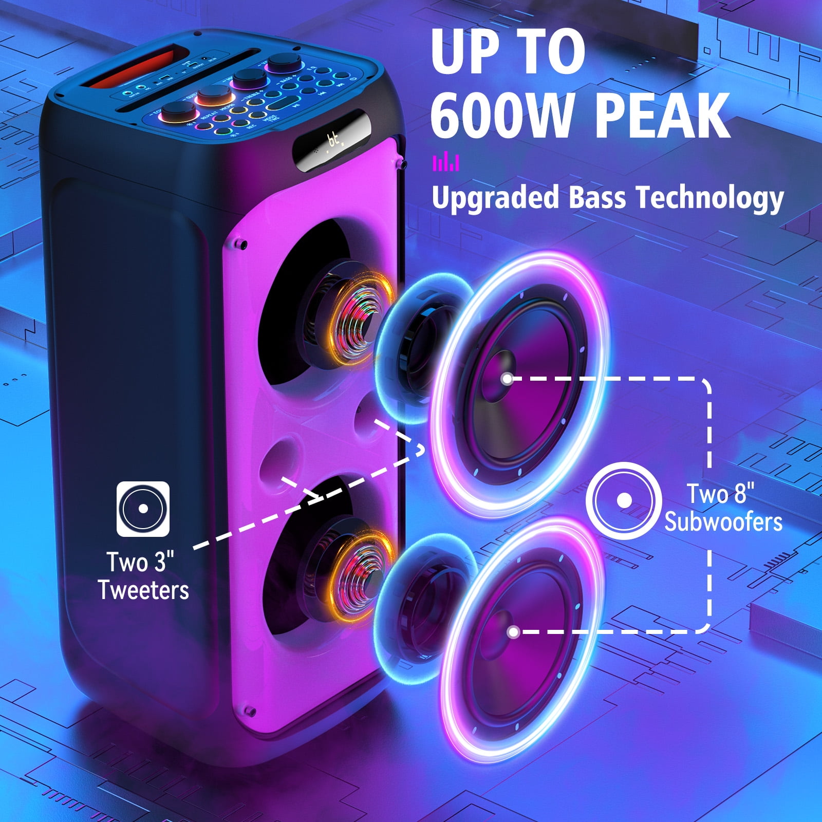JYX Party Speaker, 80W Powerful Large Bluetooth Speaker with 2 Mics,  Deep Bass Stereo PA System with Remote Control