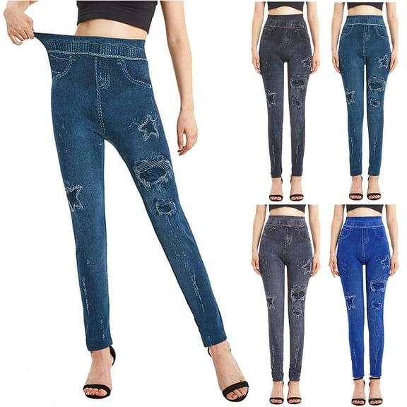 ZZwxWA Women's Fake Jeans Legging Trendy Imitation Denim Print Stretchy Skinny Pants Elastic High Waist Workout Yoga Pants