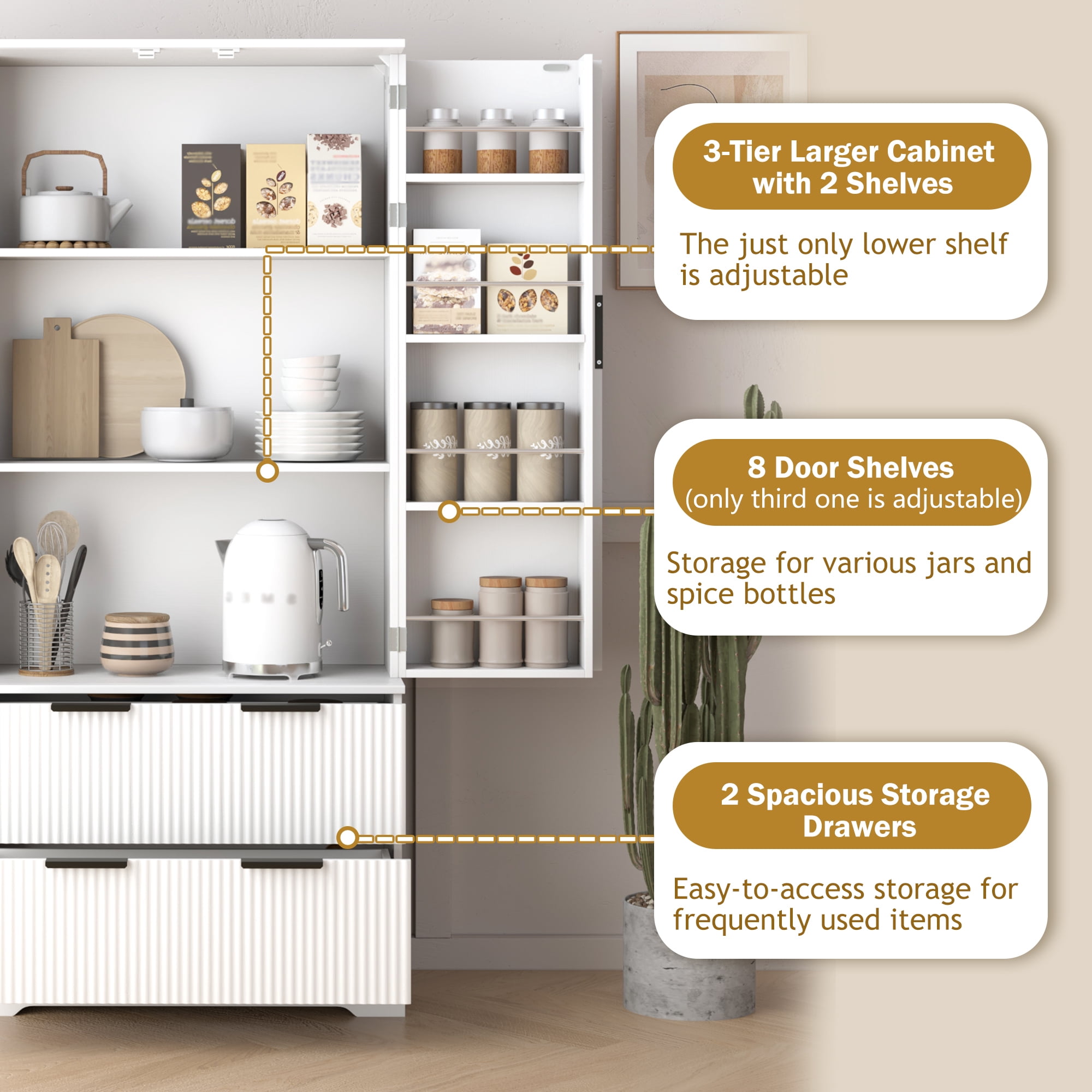 Leumius 72" Tall Kitchen Pantry Cabinet with 2 Large Drawers & 8-Door Spice Rack,Modern Freestanding Storage Organizer for Kitchen,Dining Room,Bathroom,Living Room,White