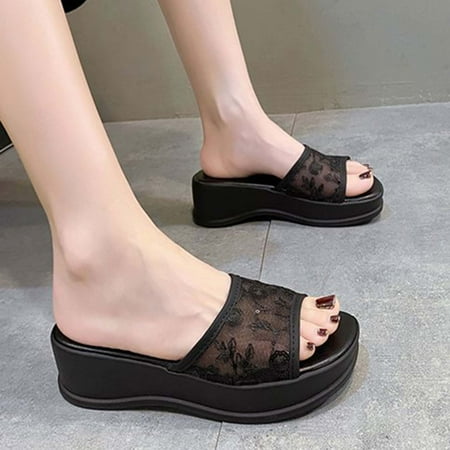 

FAKKDUK Women s Wedge Sandals Women s Platform Sandals Comfort Open Toe Slip On Chunky Slides Womens Summer Casual Slippers Thick Bottom Wedged-heel Fashion Mesh Slippers 7&Black