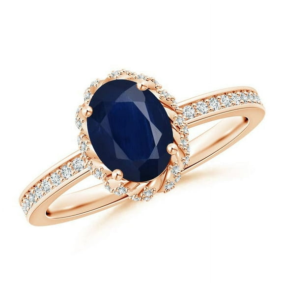 ANGARA Natural Oval 1.55 ct Blue Sapphire and Diamond Halo Ring in 14K Rose Gold for Women (Size-8x6mm) | September Birthstone, Anniversary, Jewelry Gift for Women | Natural Blue Sapphire Ring