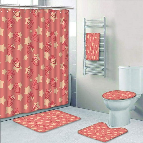 PRTAU Fruits Cute Strawberries over Star Figures Organic Health Eating Tasty Artsy 5 Piece Bathroom Set Shower Curtain Bath Towel Bath Rug Contour Mat and Toilet Lid Cover