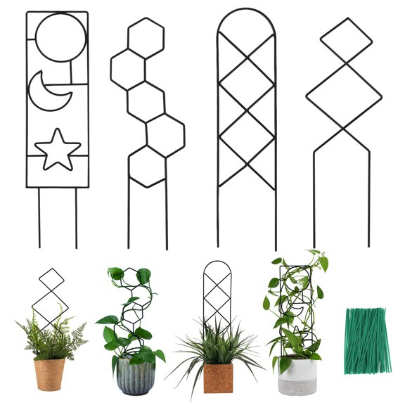 Indoor Plant Trellis for Climbing Plants - 15.94-Inch Small Metal Garden Trellis for Potted Plants, 4 Patterns for Vine, Ivy, and Flower Support, Perfect Gift for Plant Lovers