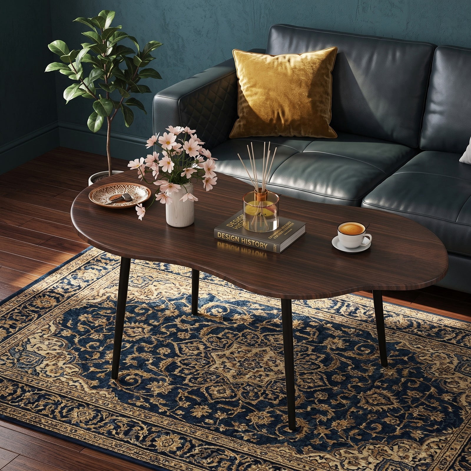 Furnibear Cloud Shape Coffee Table, 39.5 Inch Irregular Free Form Center Table with Heavy-Duty Metal Frame, Wide Wood Tabletop Accent Sofa Side Table for, Walnut