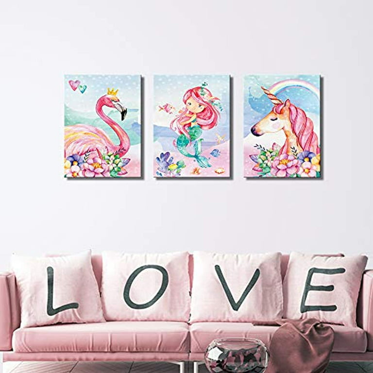 Pink Little Unicorn Wall Art for Girls Bedroom Print Bathroom Pictures  Modern Home Nursery Wall Decor Canvas Framed Wall Art for Bedroom Artwork  for
