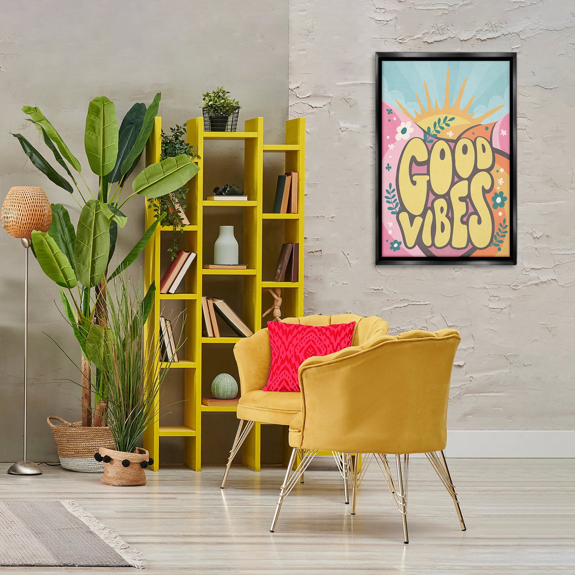 Stupell Industries Good Vibes Groovy Nature Text & Numbers Painting Black Floater Framed Canvas Art Print Wall Art, 21 x 31