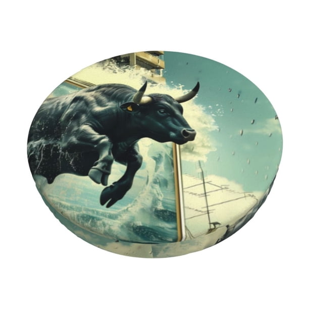 Disketp Bull Charging Through Waves Funda Redonda para Taburete, Funda de Cojín para Silla de Bar Suave y Elástica-13 inch