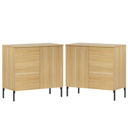Modern Minimalist Wood Nightstand Set of 2 with Doors 31.5 Large End Table Reeded Design Bedside Table for Bedroom Living Room Entryway