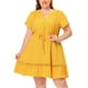 thumbnail image 2 of Women's Plus Size Dress V Neck Lace Insert Half Placket Short Sleeve Tie Waist Ruffle Hem Mini Dress Yellow 1X, 2 of 5