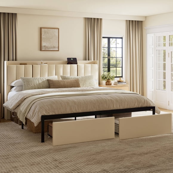 GUNAITO King Bed Frame with Storage Headboard Upholster Platform Bed Frame with LED Lights and USB Ports & Outlets Beige