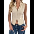thumbnail image 2 of Chaleco de Suéter con Cremallera para Mujer, Sin Mangas, de Punto Acanalado, con Cuello en V y Rayas Albaricoque S, 2 of 10