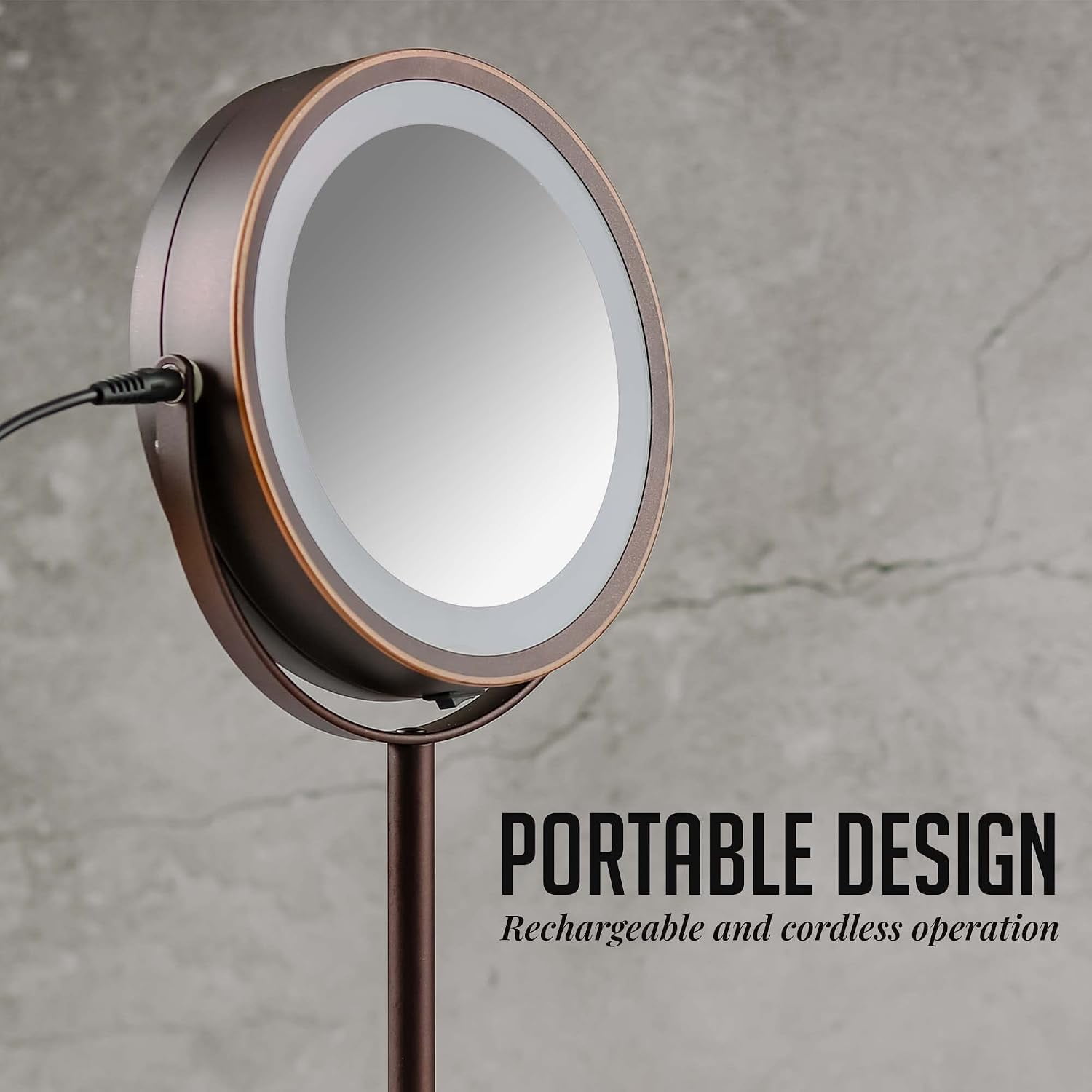 OVENTE 7" Rechargeable Lighted Tabletop Makeup Mirror with 1X/7X Magnification, Double Sided Magnifying Vanity Mirror, 360° Swivel Design, LED White Light and USB Plug, Antique Bronze MCTR70ABZ1X7X