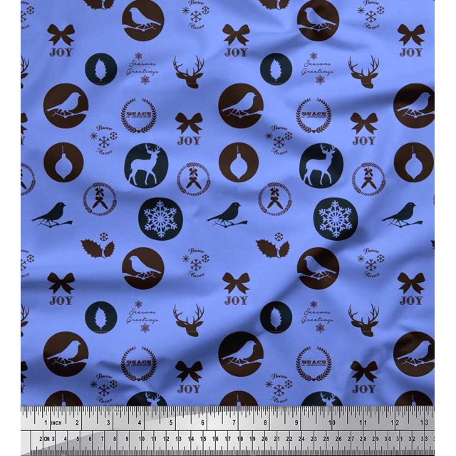 Soimoi Rayon Fabric Reindeer,Bow & Bird Print Fabric by Yard 56 Inch Wide