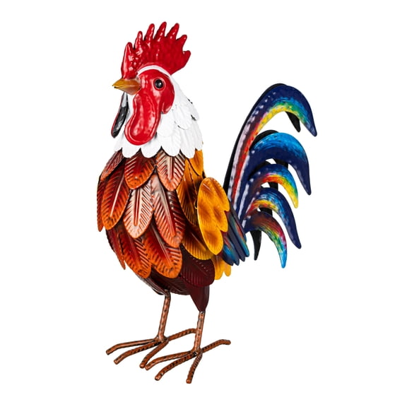 Petal & Plow Garden Statue, Metal Colorful Rooster 12"H