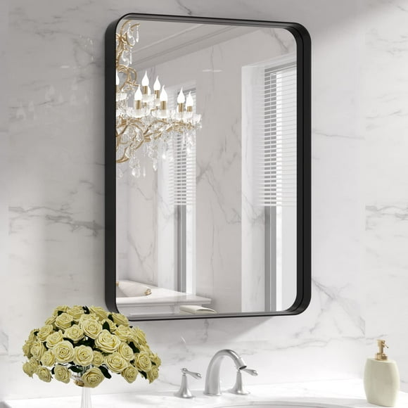 LOAAO Black Metal Framed Bathroom Mirror for Wall, 22X30 Inch Rounded Rectangle Mirror, Matte Black Bathroom Vanity Mirror Farmhouse, Anti-Rust, Tempered Glass, Hangs Horizontally or Vertically