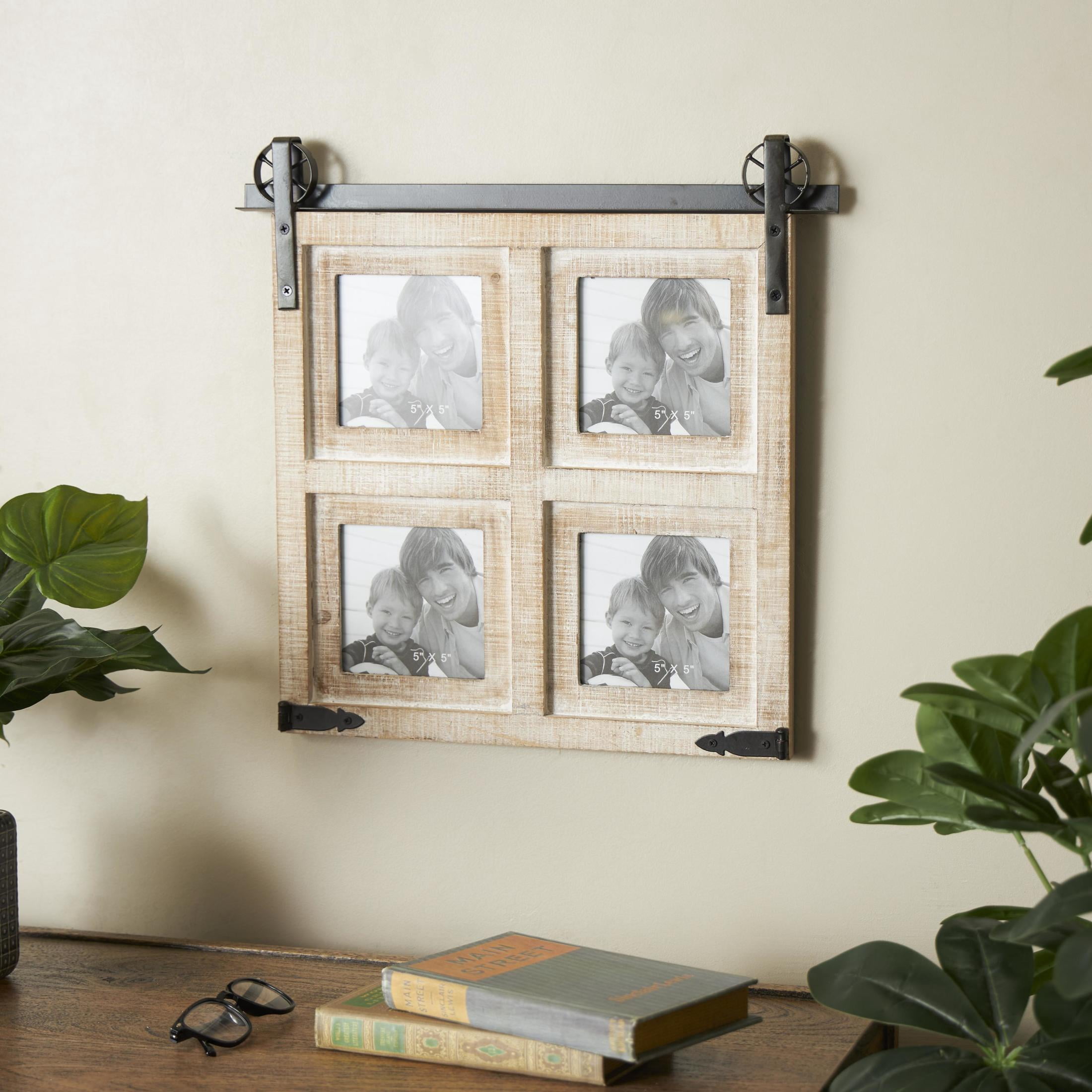 DecMode 4-Opening 5" x 5" Barn Door Brown People Wall Photo Frame with Black Metal Accents
